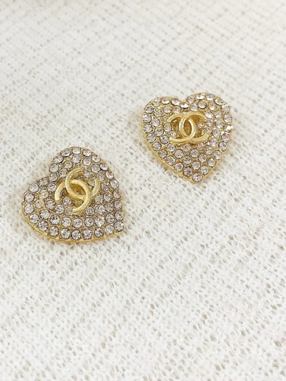 Fashion CHAN3L Gold Heart Crystal Logo Earrings